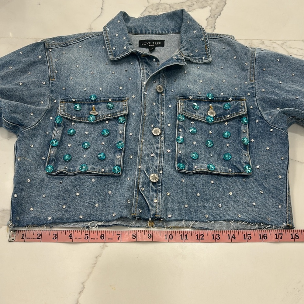 Custom Made Evil Eye New With Tags Love Tree Bling Denim Cut off Jacket. Size M - Picture 16 of 17